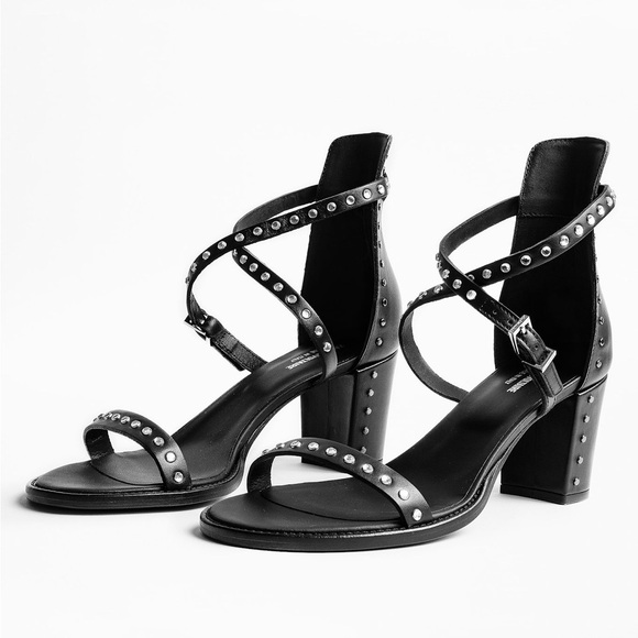 Zadig & Voltaire May Studded Black Leather Heeled Sandal Strappy Size 38 - Picture 1 of 7